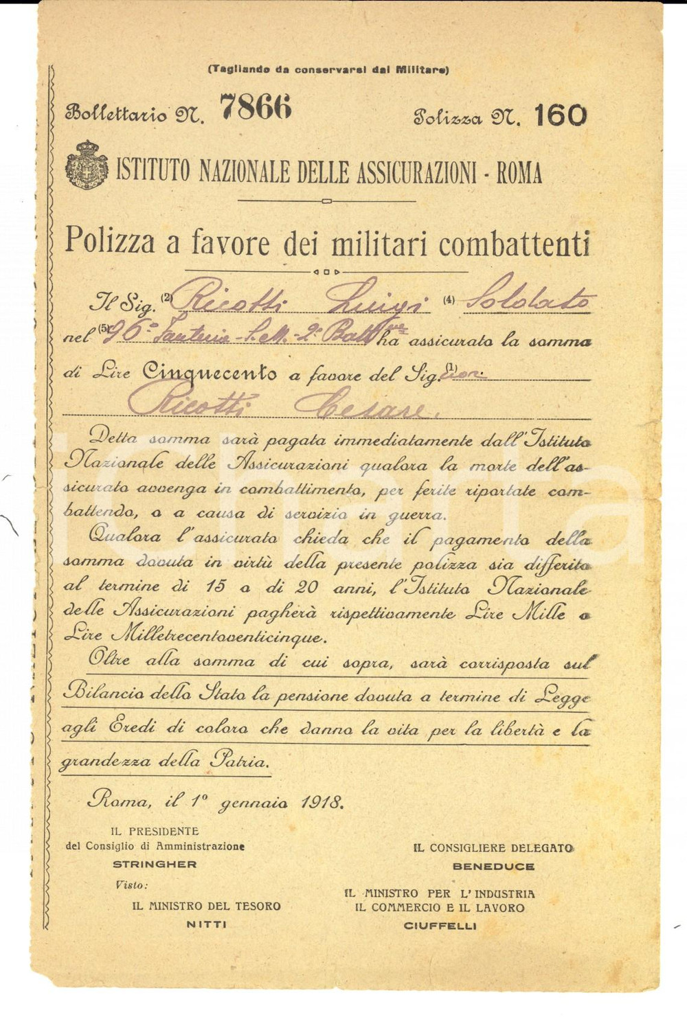 Documento originale, autentico 1918 WWI ROMA Istituto Nazionale Assicurazioni  Polizza soldato Luigi RICOTTI 1