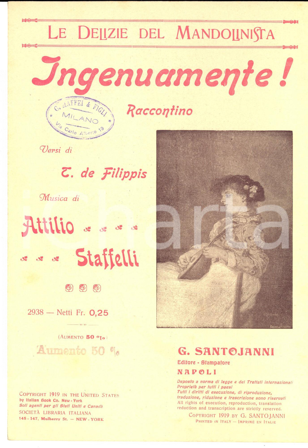 Oggetto da collezione cartaceo 1919 DE FILIPPIS  STAFFELLI Ingenuamente! Spartito per mandolino SANTOJANNI 1