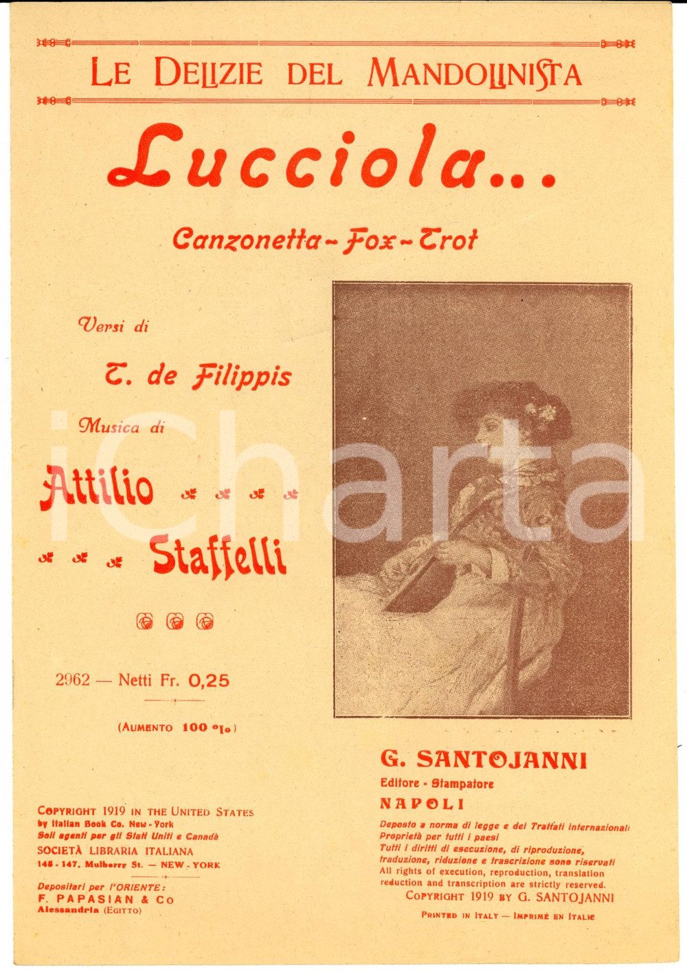 Oggetto da collezione cartaceo 1919 DE FILIPPIS  STAFFELLI Lucciola... Spartito per mandolino SANTOJANNI 1