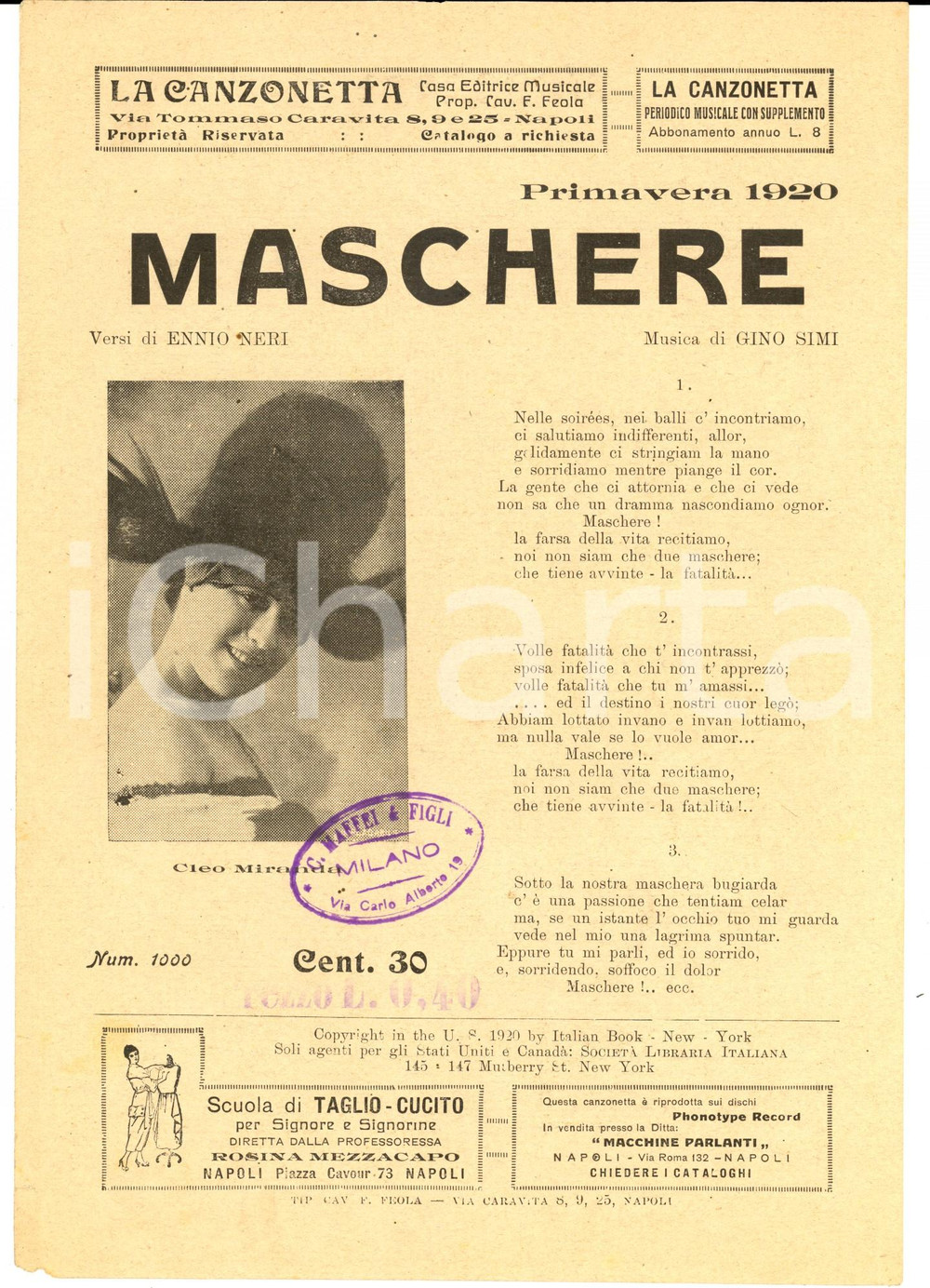 Oggetto da collezione cartaceo 1920 Ennio NERI Gino SIMI Maschere  Cantante Cleo MIRANDA Volantino spartito 1