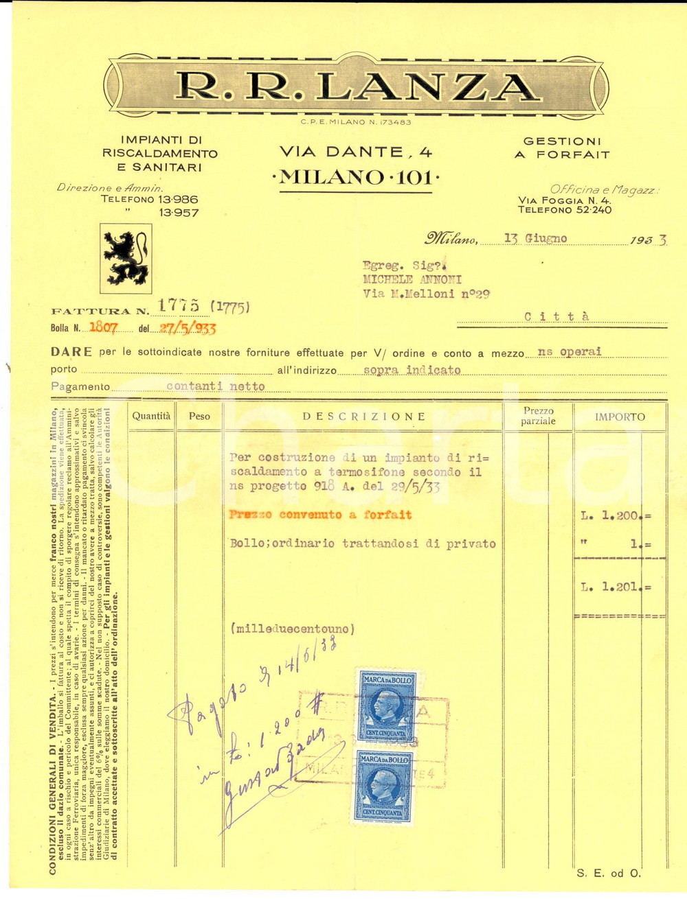 Documento originale, autentico 1933 MILANO Via Dante 4 Ditta R. R. LANZA Impianti di riscaldamento Fattura 1
