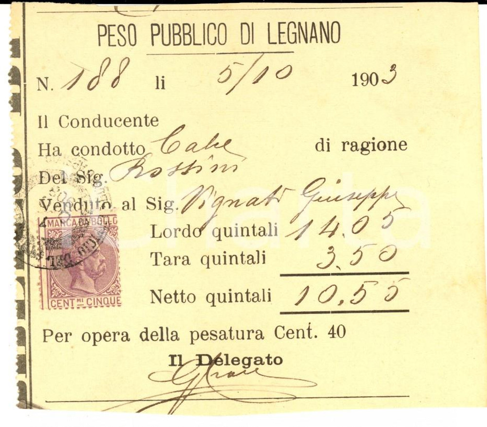 Documento originale, autentico 1903 LEGNANO MI Peso pubblico  Ricevuta per calce venduta a Giuseppe VIGNATI 1