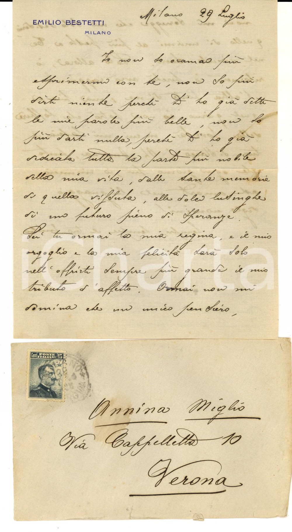 Autografo originale 1908 MILANO Lettera Emilio BESTETTI alla fidanzata Annina MIGLIO Autografo 1