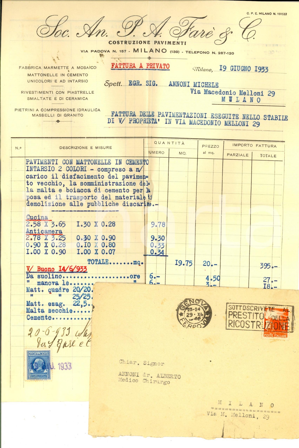 Documento originale, autentico 1933 MILANO SocietÃ  Anonima FARE   Fattura per pavimentazioni 1