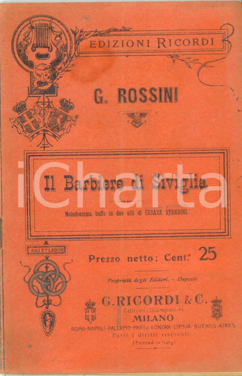Oggetto da collezione cartaceo 1909 Gioachino ROSSINI Il barbiere di SIVIGLIA Melodramma Edizioni RICORDI 1