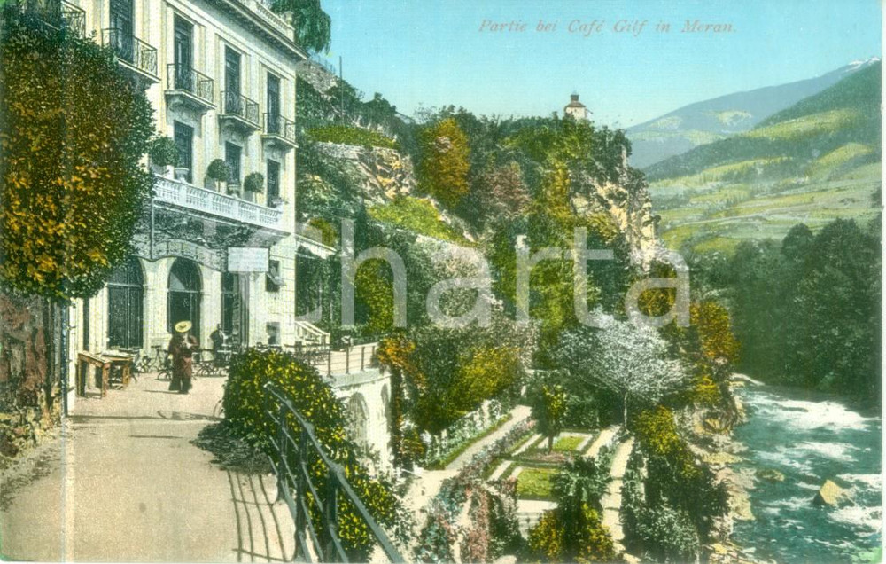 Cartolina originale da collezione 1930 ca MERANO BZ Panorama dalla terrazza del CafÃ© GILF Cartolina FP VN 1