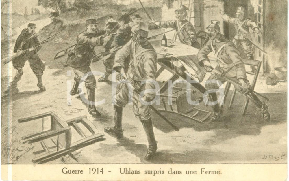 Cartolina originale da collezione 1915 WW1 PROPAGANDA DI GUERRA Uhlans surpris dans une Ferme Cartolina FP VN 1