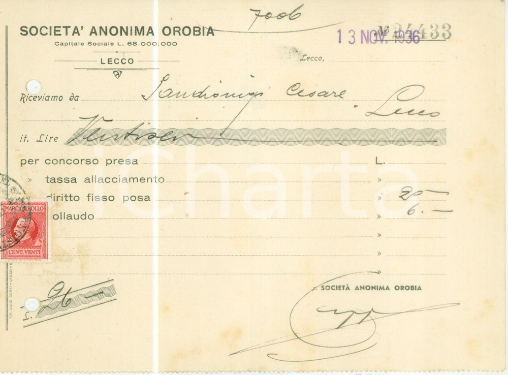 Documento originale, autentico 1936 LECCO SocietÃ  Anonima OROBIA Energia elettrica Fattura 1