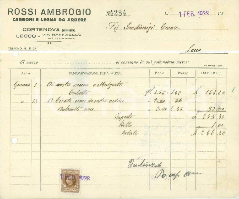 Documento originale, autentico 1938 CORTENOVA LC Ambrogio ROSSI Carboni e legna da ardere Fattura intestata 1