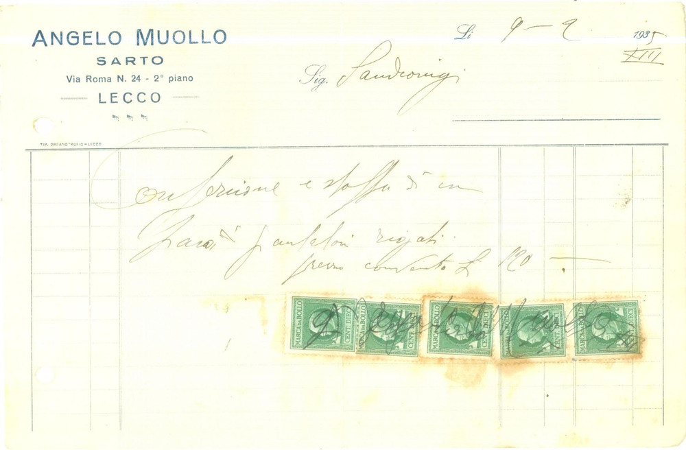 Documento originale, autentico 1935 LECCO Sarto Angelo MUOLLO Fattura per confezionamento pantaloni rigati 1