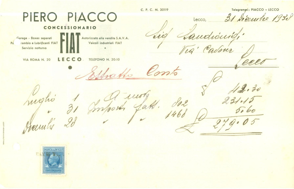 Documento originale, autentico 1938 LECCO Piero PIACCO Concessionario FIAT Vendita SAVA Documento commerciale 1
