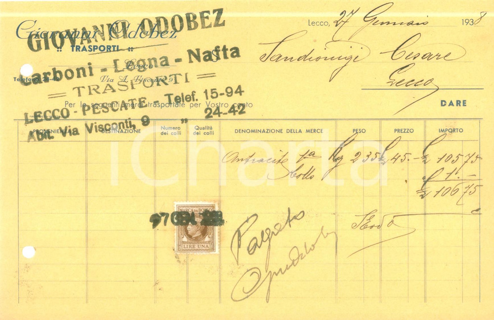 Documento originale, autentico 1938 LECCO Giovanni ODOBEZ Trasporti carboni legna nafta Fattura commerciale 1