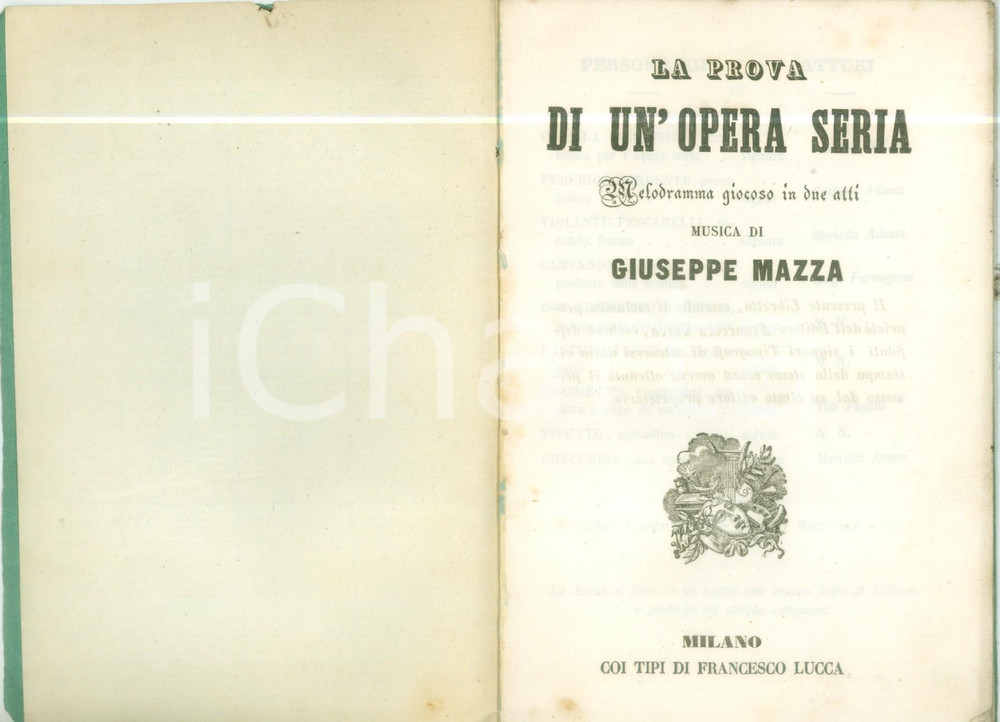 Oggetto da collezione cartaceo 1870 ca Giuseppe MAZZA La prova di un opera seria Melodramma gioioso Libretto 1