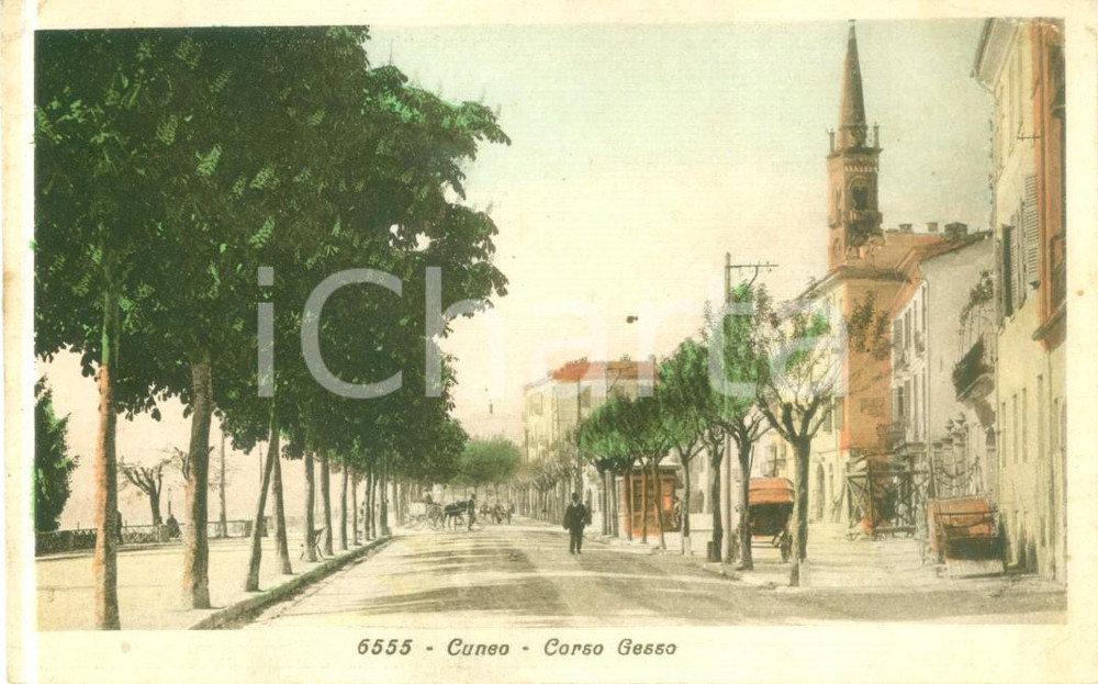 Cartolina originale da collezione 1932 CUNEO Carrozze in Corso GESSO Cartolina ILLUSTRATA FP VG 1