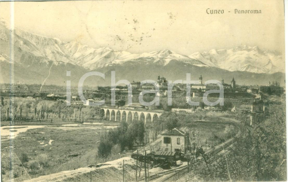 Cartolina originale da collezione 1930 CUNEO Panorama con ferrovia e ponte Cartolina FP VG 1