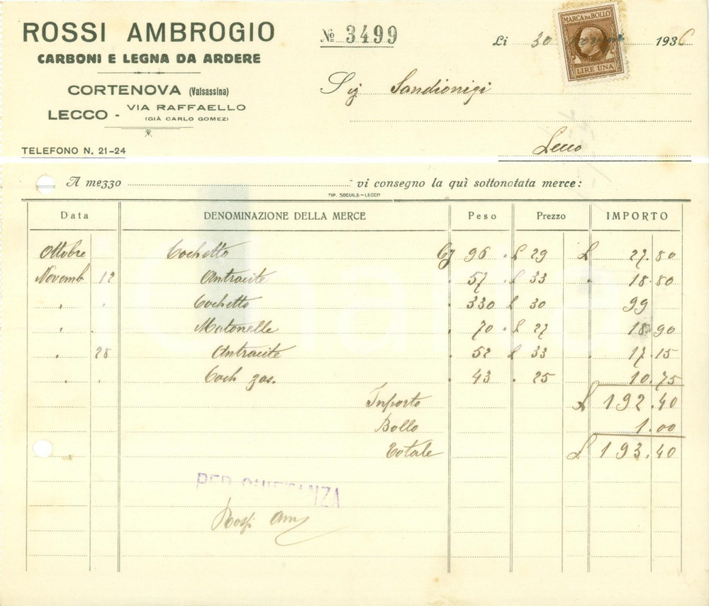 Documento originale, autentico 1936 CORTENOVA LC Ambrogio ROSSI Carboni e legna da ardere Fattura intestata 1