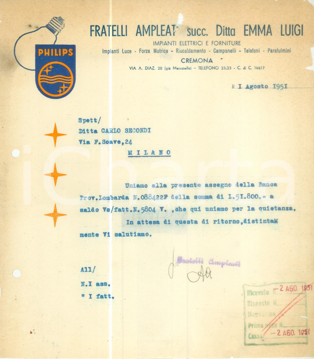 Documento originale, autentico 1951 CREMONA Fratelli AMPLEAT Lampadine PHILIPS Lettera commerciale DANNEGGIATA 1