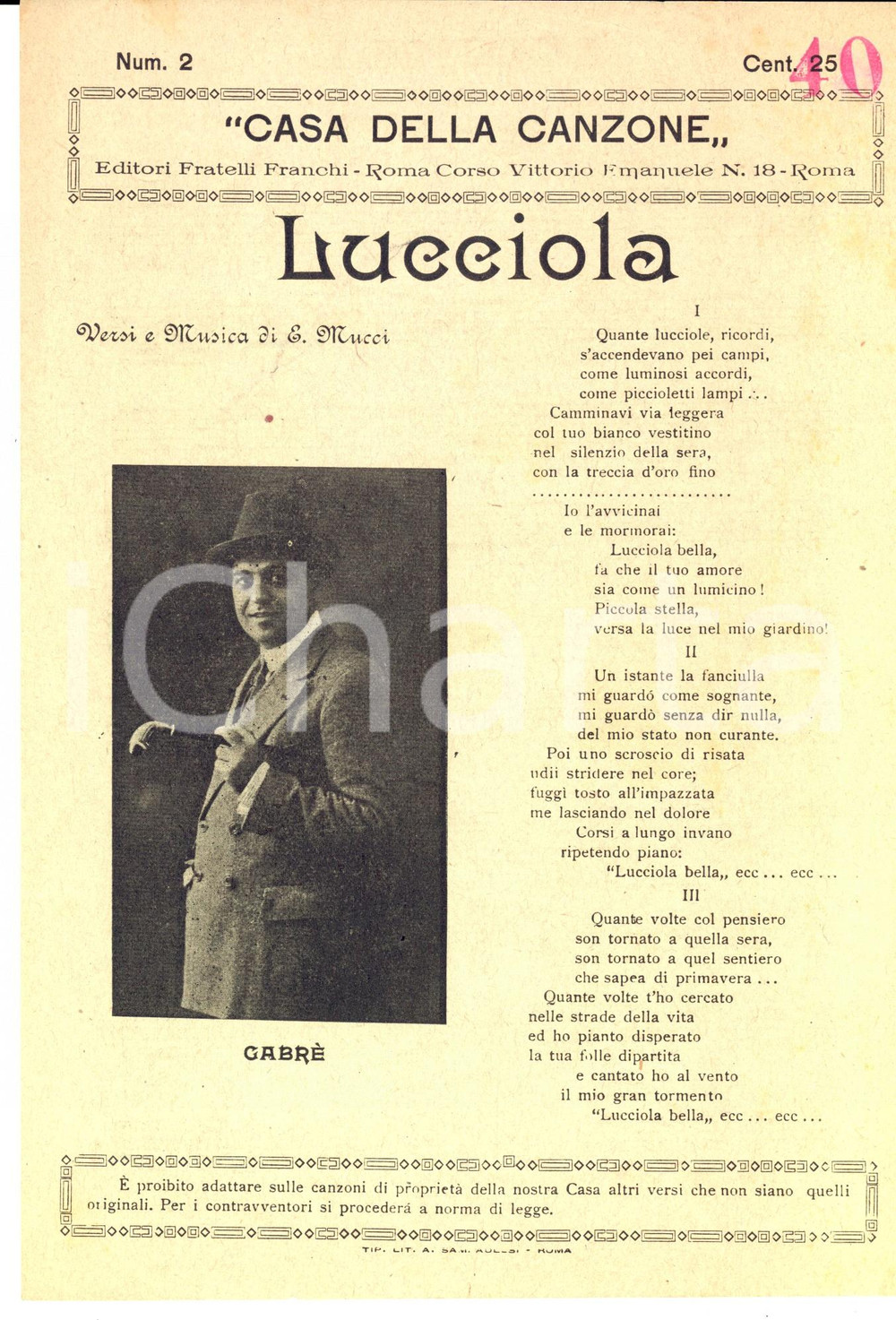 Oggetto da collezione cartaceo 1920 ca Emidio MUCCI Lucciola  Volantino spartito ed. FRATELLI FRANCHI 1