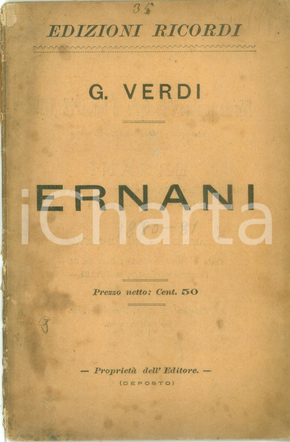 Oggetto da collezione cartaceo 1900 ca Giuseppe VERDI Ernani Libretto edizioni RICORDI DANNEGGIATO 1