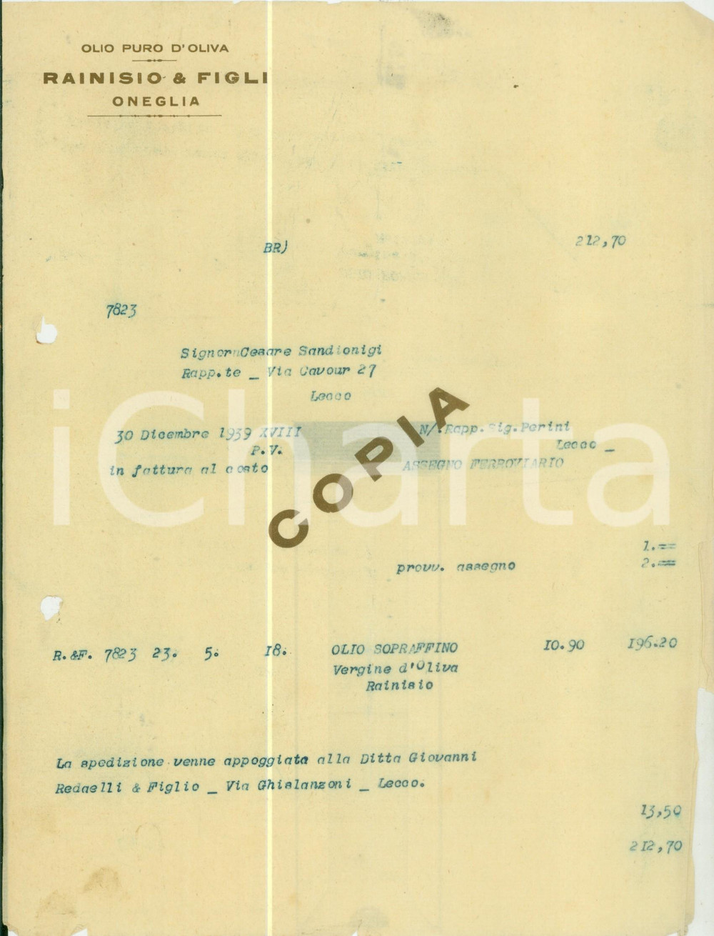 Documento originale, autentico 1939 ONEGLIA IM Ditta RAINISIO & Figli Olio puro d oliva Fattura DANNEGGIATA 1