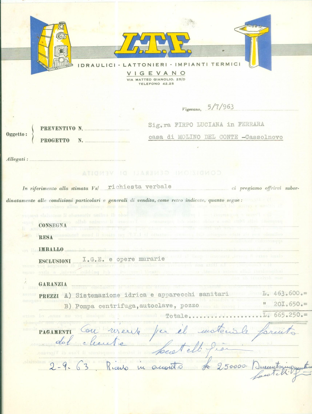 Documento originale, autentico 1963 VIGEVANO PV Idraulici lattonieri Impianti termici L.T.F. Fattura 1