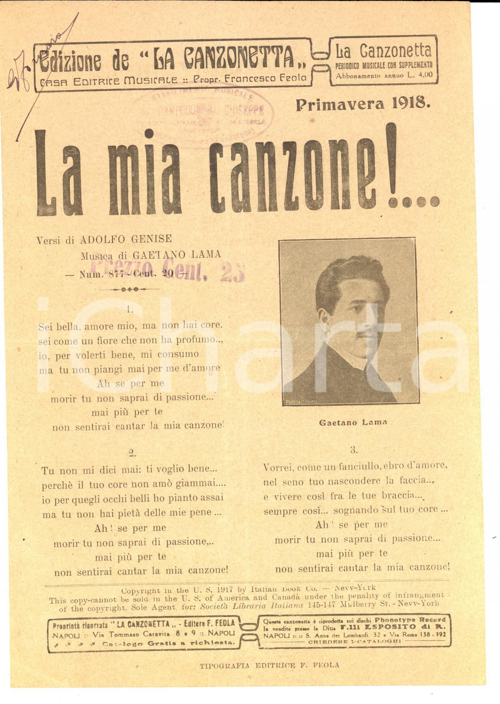 Oggetto da collezione cartaceo 1918 Adolfo GENISE Gaetano LAMA  La mia canzone!... Volantino spartito 1