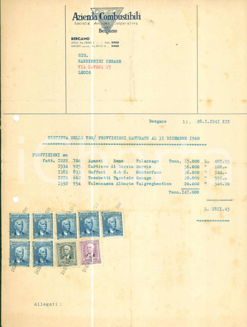 Documento originale, autentico 1941 BERGAMO Azienda Combustibili Società An. Cooperativa Lettera commerciale 1