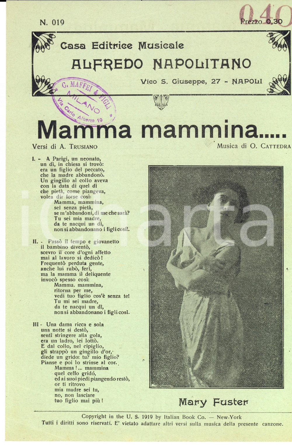 Oggetto da collezione cartaceo 1920 ca CATTEDRA  TRUSIANO Mamma mammina  Mary FUSTER Volantino spartito 1