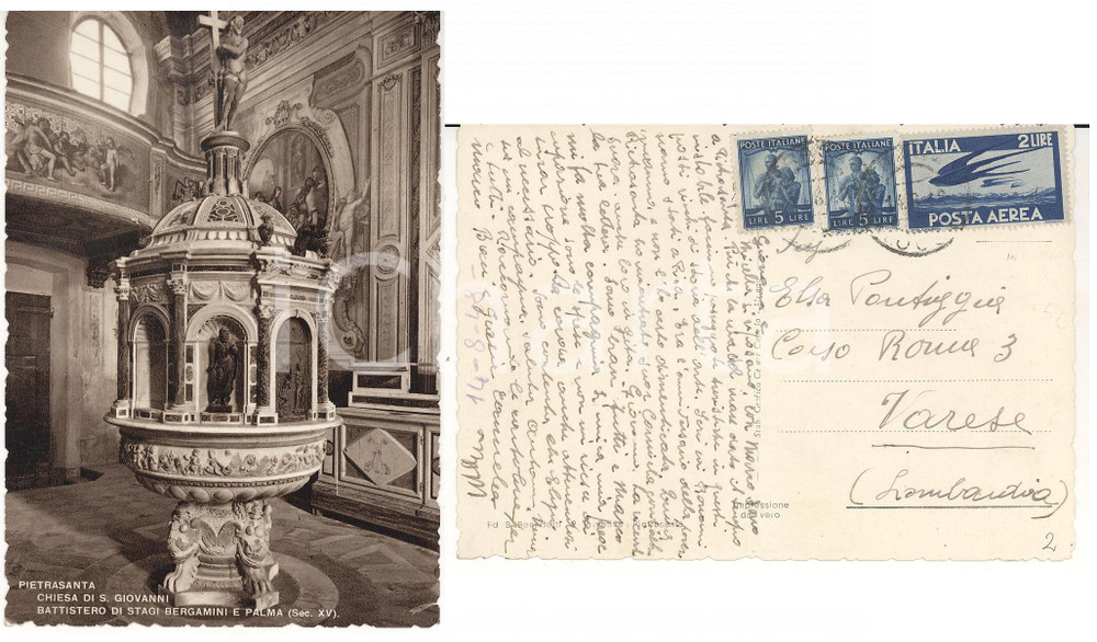 1948 PIETRASANTA STORIA POSTALE Battistero - 2 Lire POSTA AEREA + Lire 5
