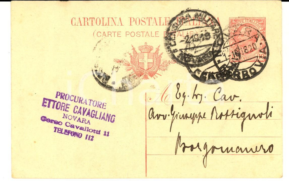 Cartolina originale da collezione 1918 NOVARA Procuratore Ettore CAVAGLIANO all avv. ROSSIGNOLI Cartolina postale 1