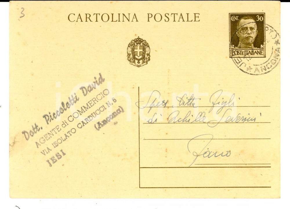 Cartolina originale da collezione 1942 JESI AN Agente di commercio David PICCOLOTTI Cartolina postale FG 1