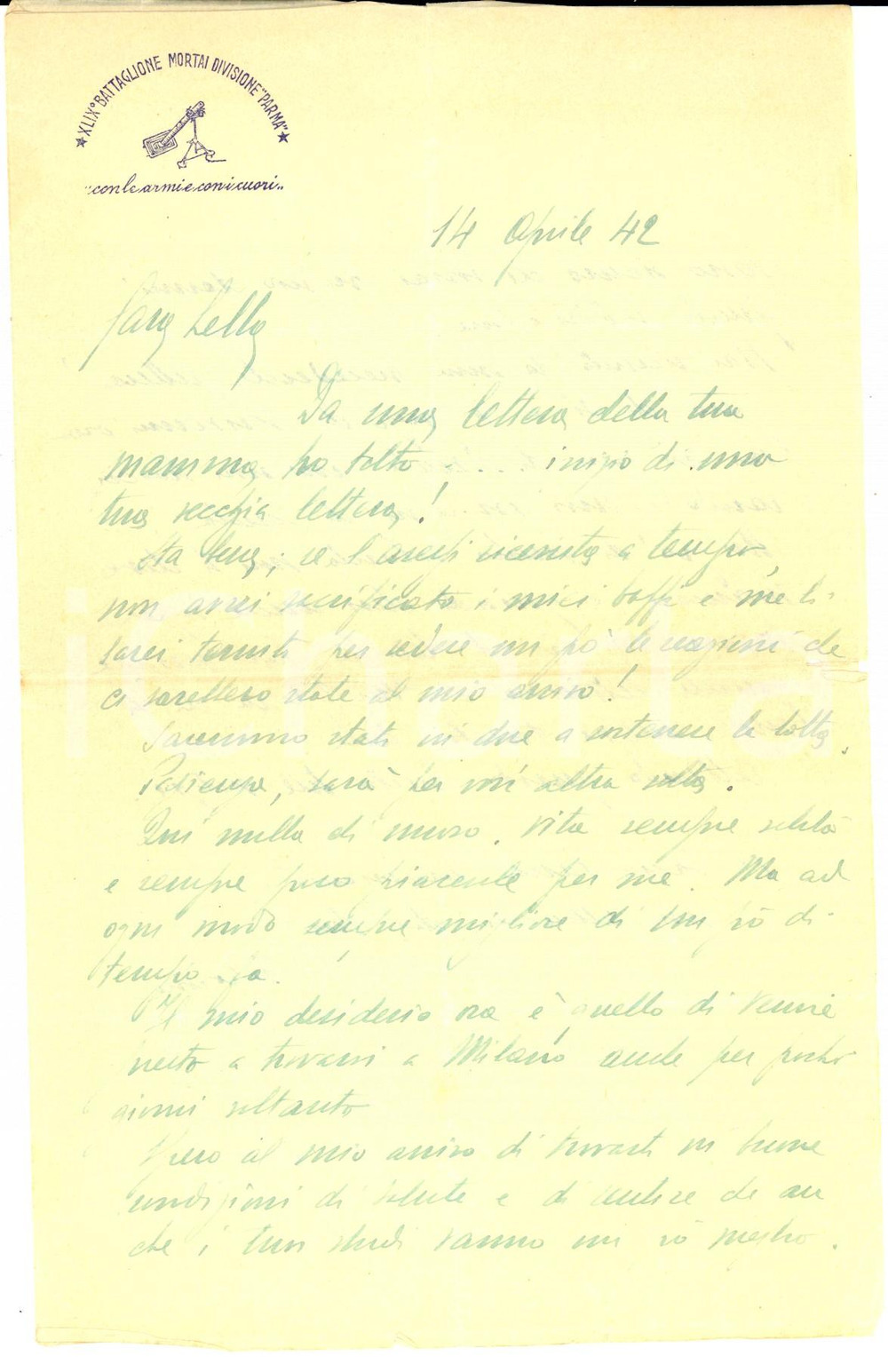 Documento originale, autentico 1942 WW2 49Â° Battaglione Mortai DIVISIONE PARMA Edmondo ZANCHI alla figlia 1