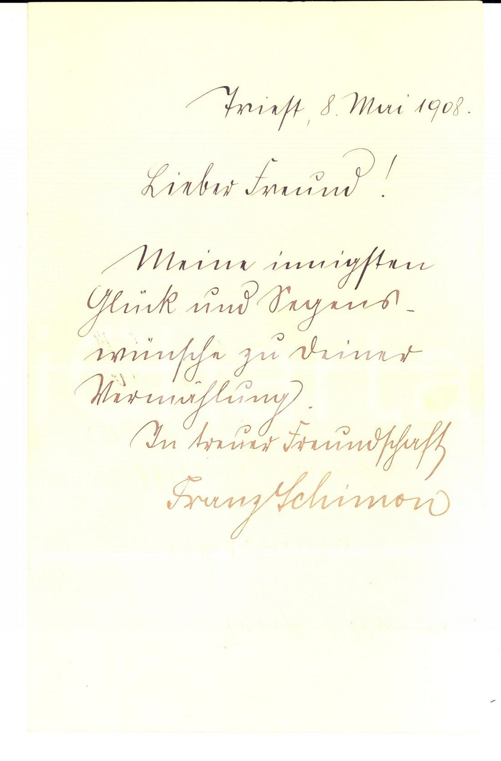 Manoscritto, lettera originale 1908 TRIESTE Breve lettera di Franz SCHIMON con messaggio a un amico 1