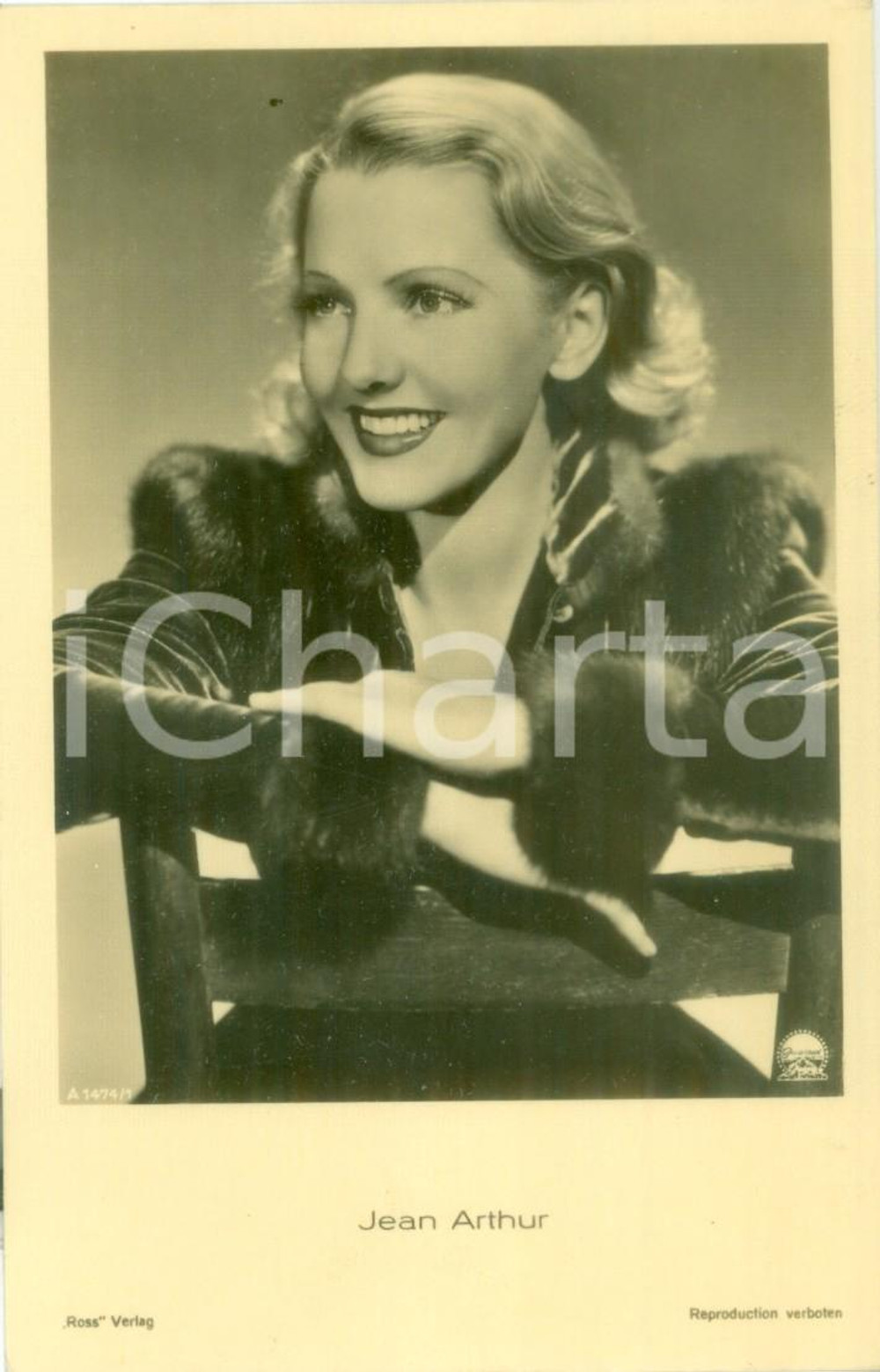 Cartolina originale da collezione 1930 ca CINEMA Attrice Jean ARTHUR con abito di pelliccia Cartolina FP NV 1