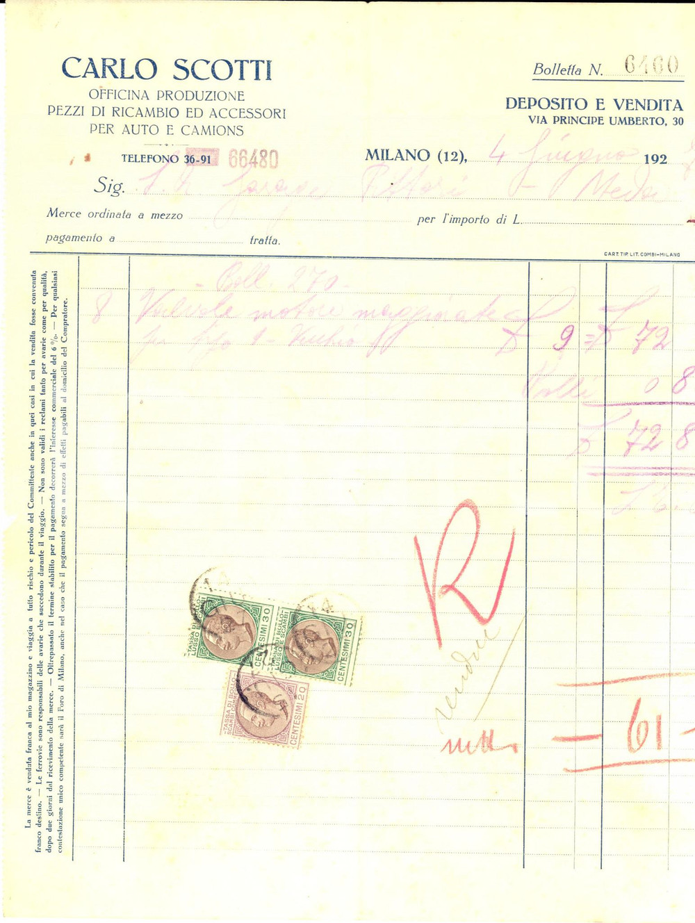 Documento originale, autentico 1927 MILANO Via Principe Umberto 30 Officina Carlo SCOTTI Pezzi ricambio auto 1