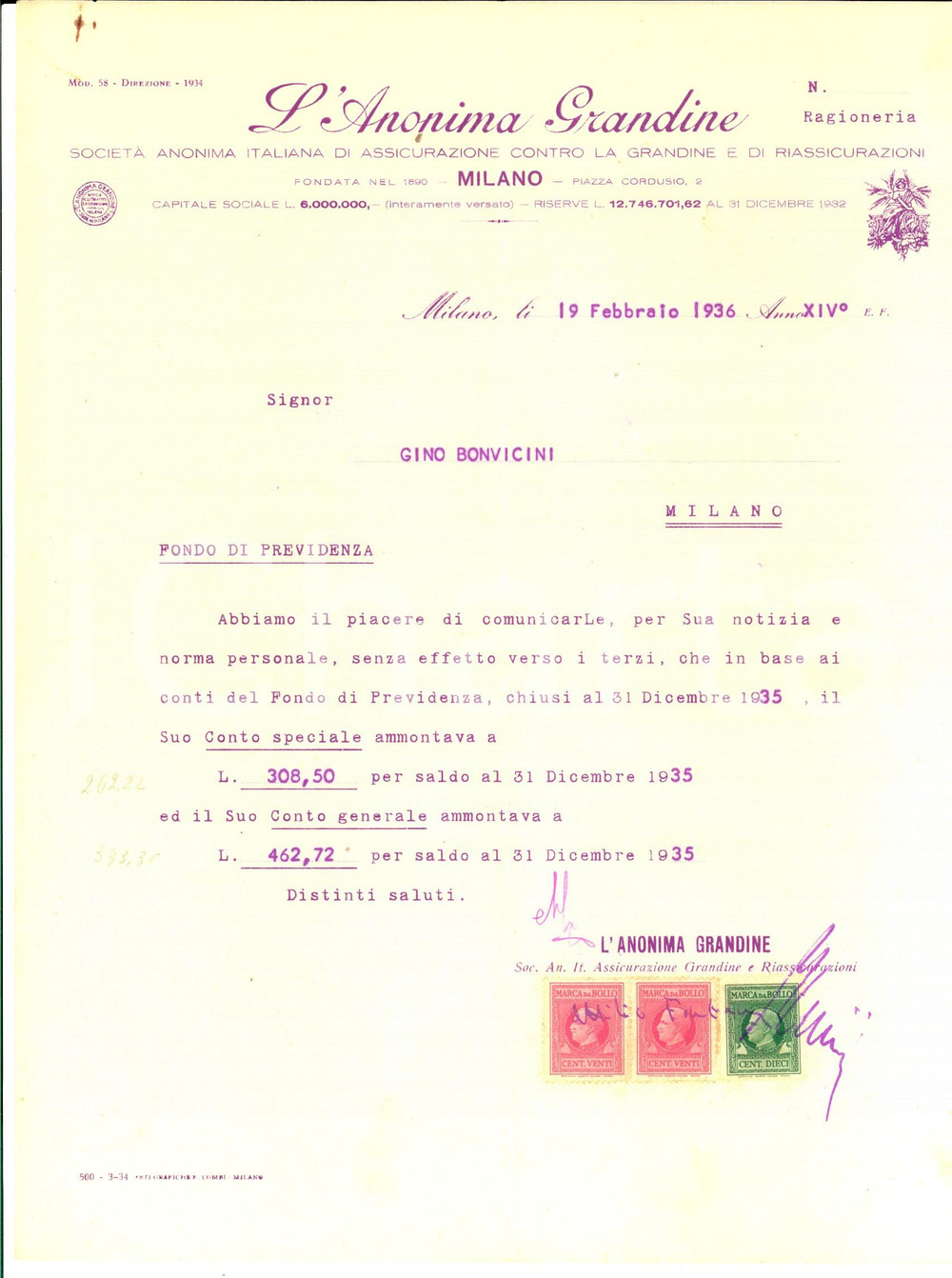 Documento originale, autentico 1936 MILANO L ANONIMA GRANDINE Lettera per conti fondo di previdenza  Bolli 1