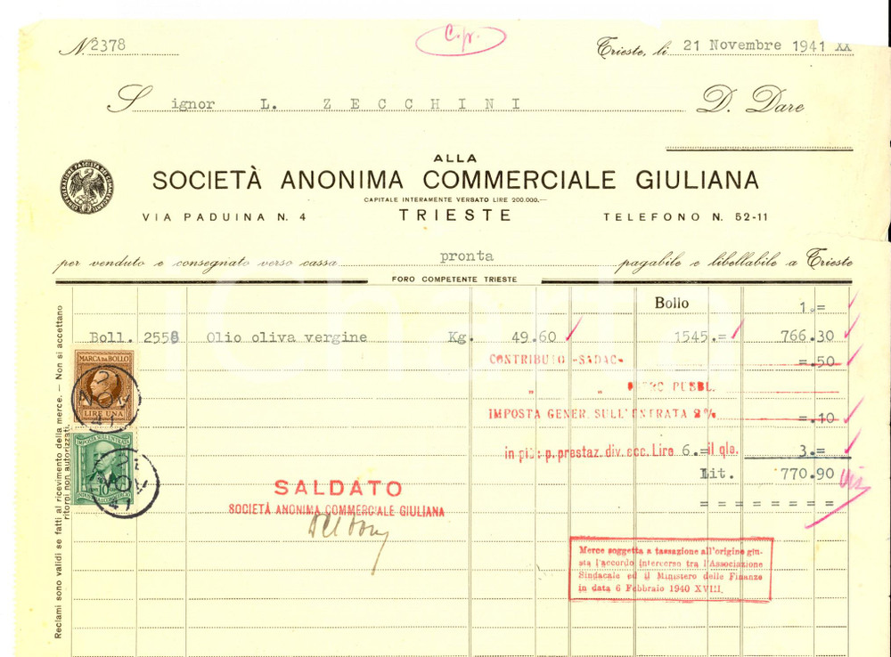 Documento originale, autentico 1941 TRIESTE SocietÃ  Anonima Commerciale Giuliana  Fattura olio oliva Bolli 1