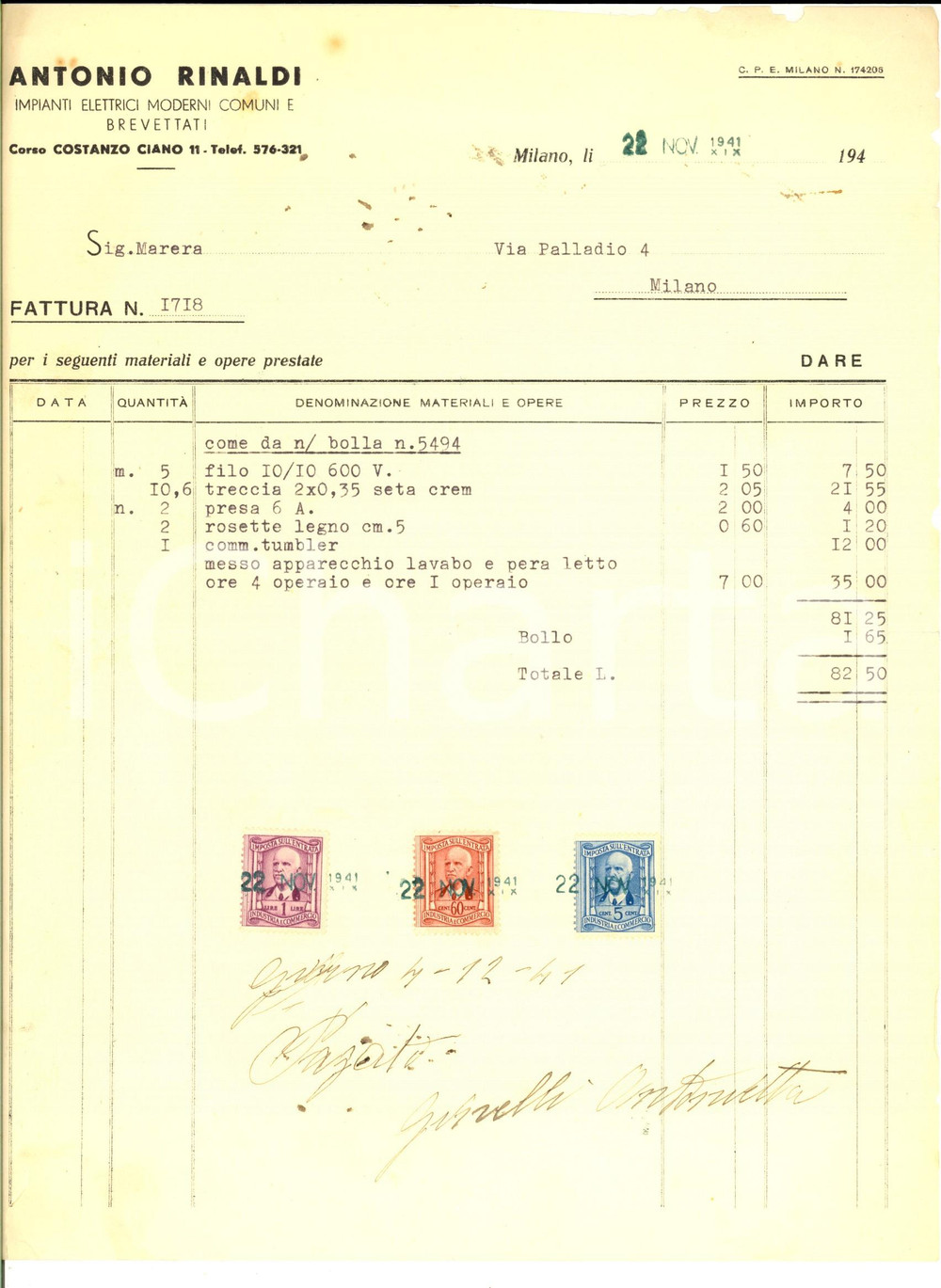 Documento originale, autentico 1941 MILANO corso Costanzo CIANO  Antonio RINALDI Impianti elettrici Fattura 1
