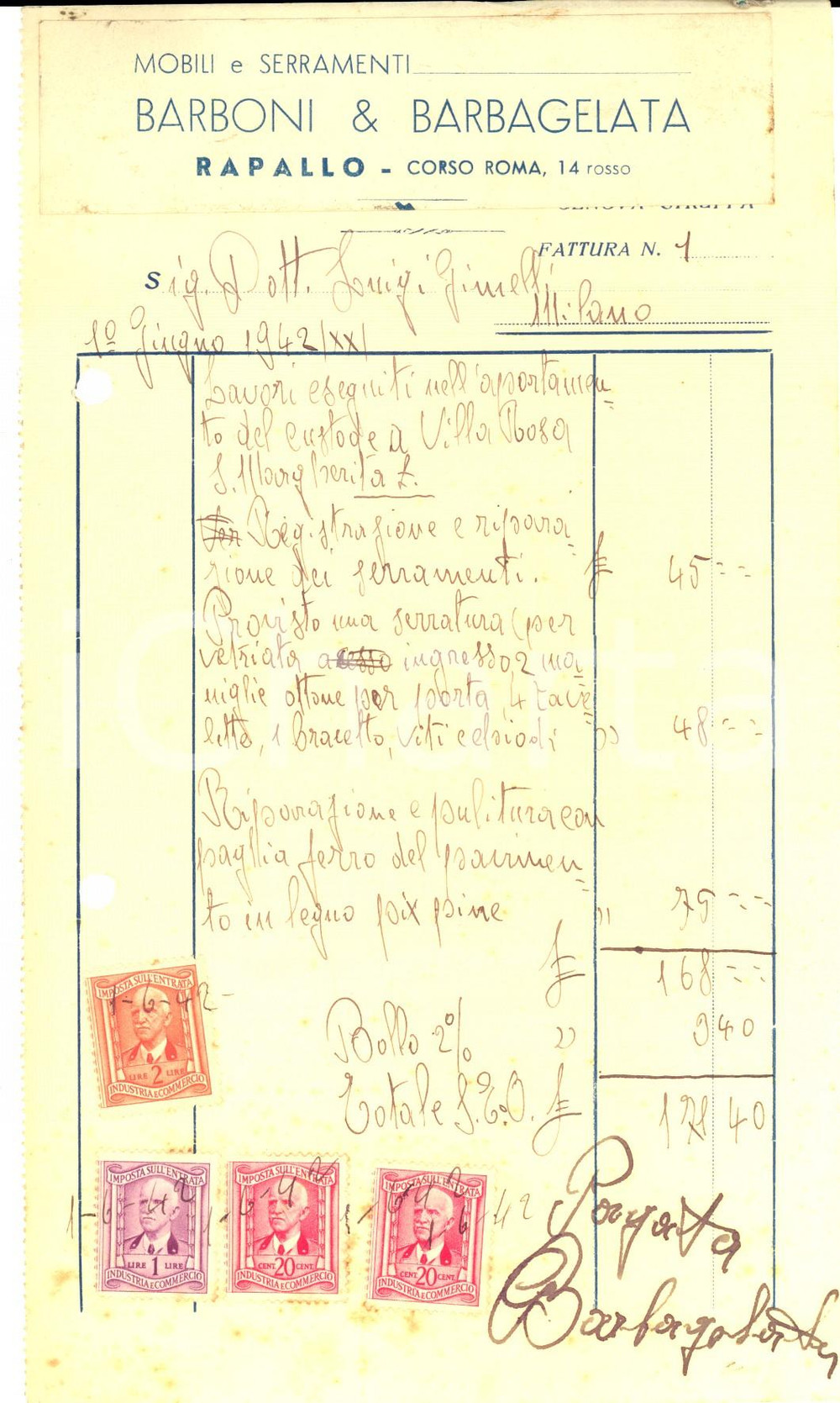 Documento originale, autentico 1942 RAPALLO GE Mobili e serramenti BARBONI & BARBAGELATA Fattura con bolli 1