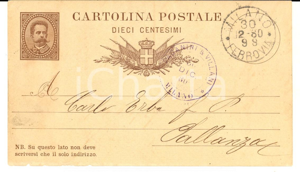 Documento originale, autentico 1880 MILANO Ditta PAGANINI & VILLANI  Cartolina a Carlo ERBA PALLANZA 1