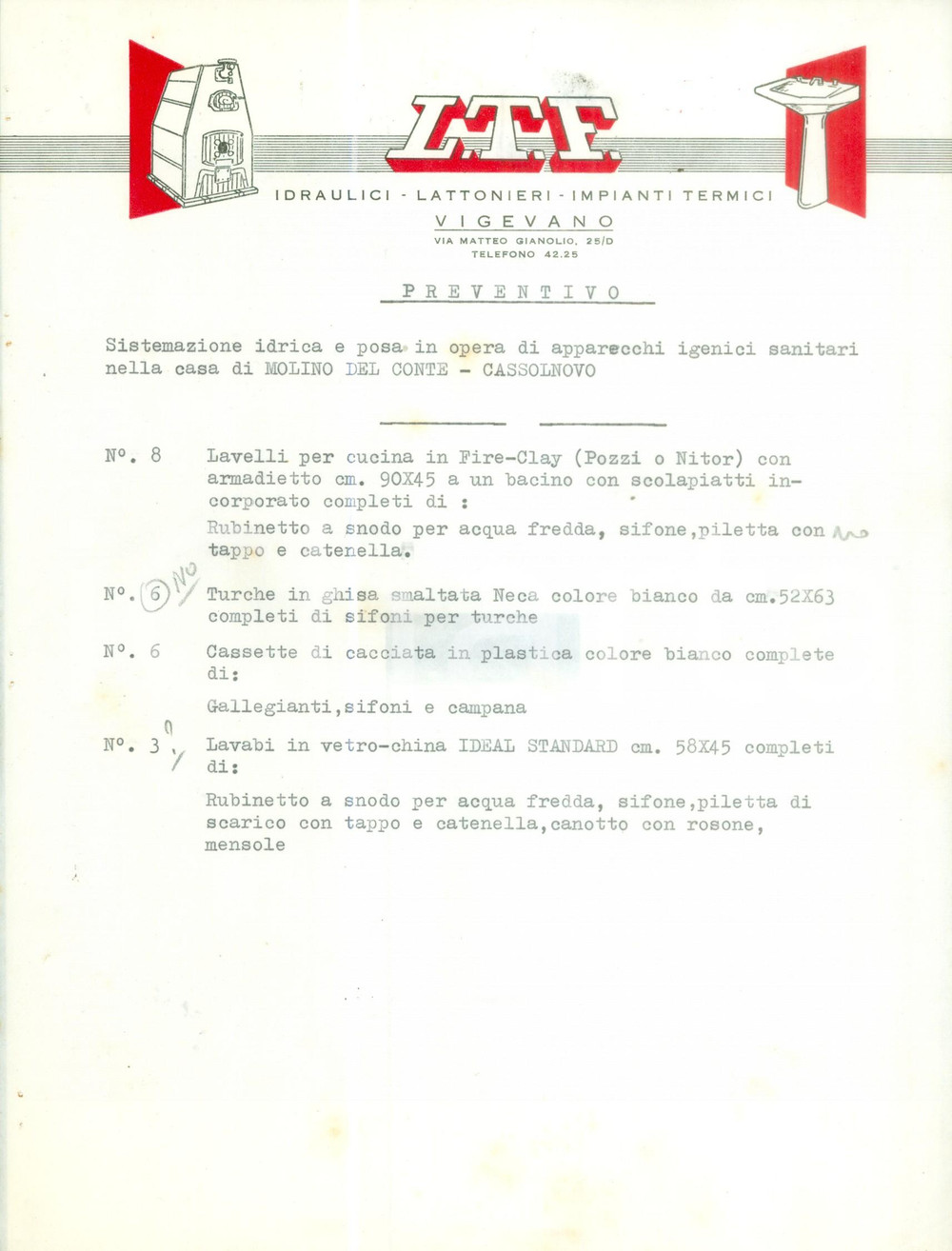 Documento originale, autentico 1960 ca VIGEVANO PV Idraulici Lattonieri Impianti termici L.T.F. Preventivo 1