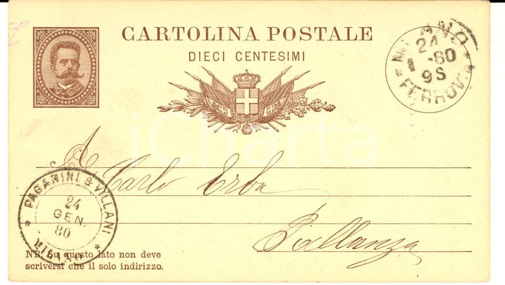 Documento originale, autentico 1880 MILANO Ditta PAGANINI & VILLANI Cartolina postale a Carlo ERBA PALLANZA 1