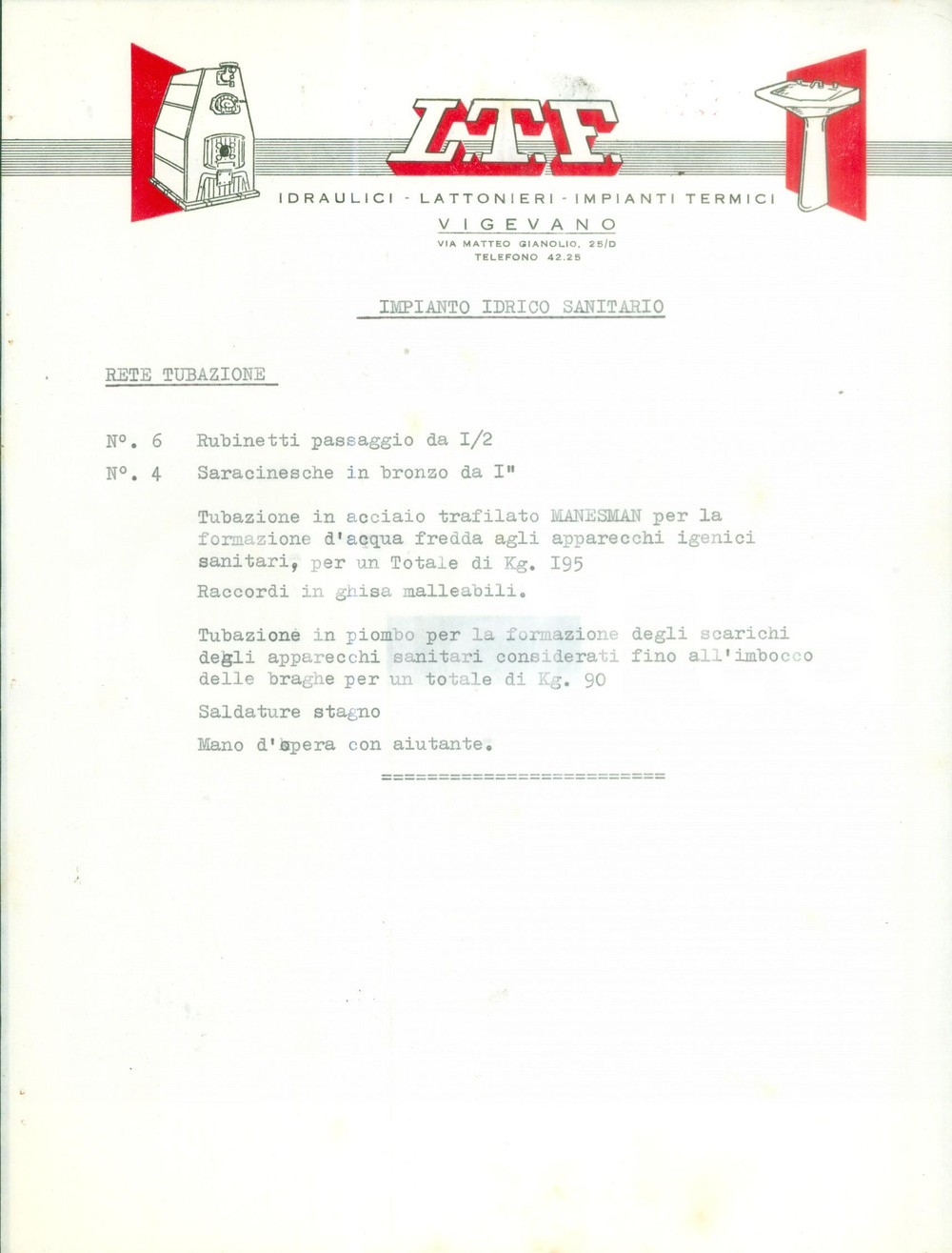Documento originale, autentico 1960 ca VIGEVANO PV L.T.F. Idraulici lattonieri Impianti termici Fattura 1