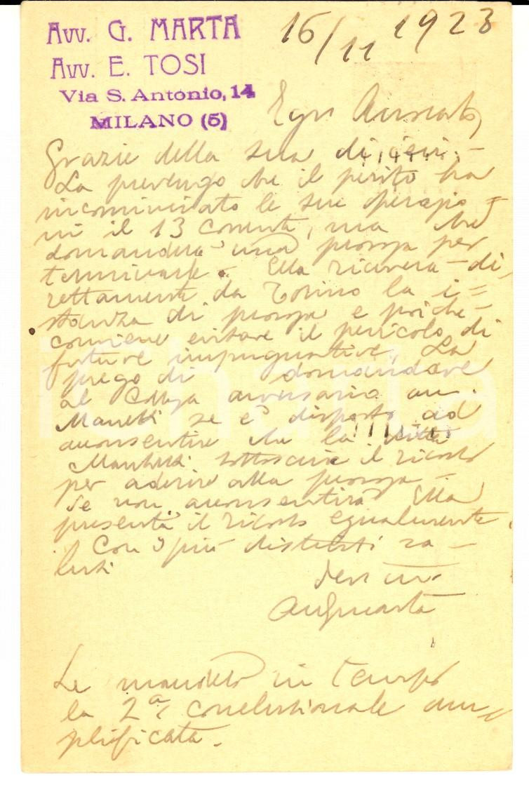 Documento originale, autentico 1923 MILANO Studio avv. G. MARTA ed E. TOSICartolina postale a Carlo GALARDI 1