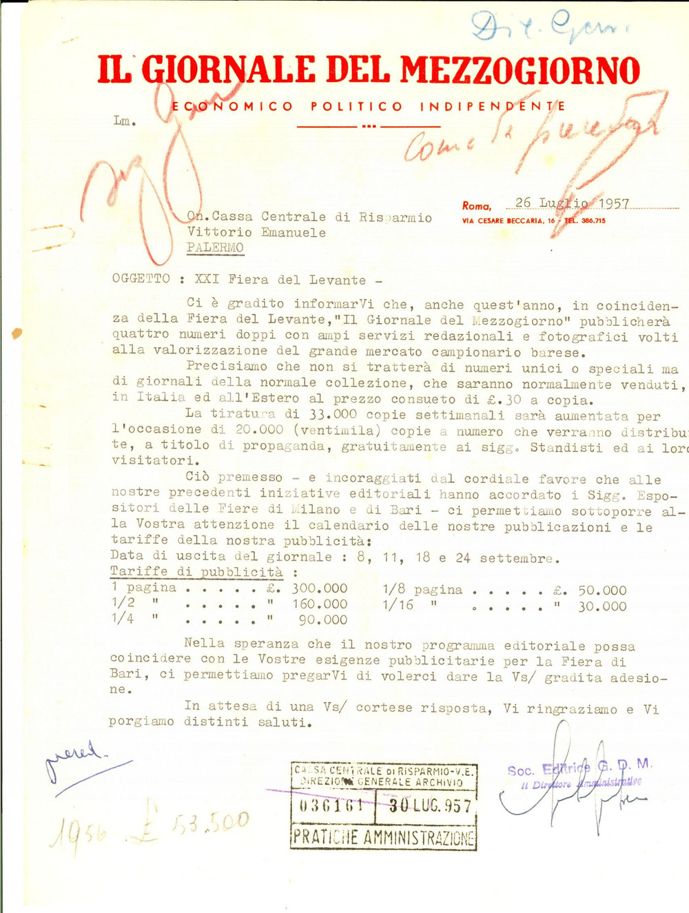 Documento originale, autentico 1957 ROMA IL GIORNALE DEL MEZZOGIORNO Lettera pubblicitaria  Fiera del Levante 1