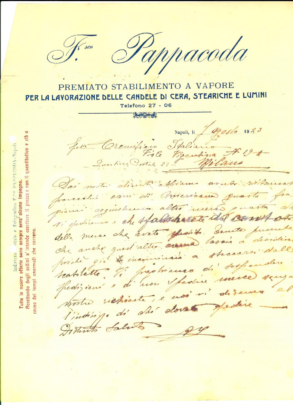 Documento originale, autentico 1923 NAPOLI Francesco PAPPACODA Candele di cera, steariche e lumini Lettera 1