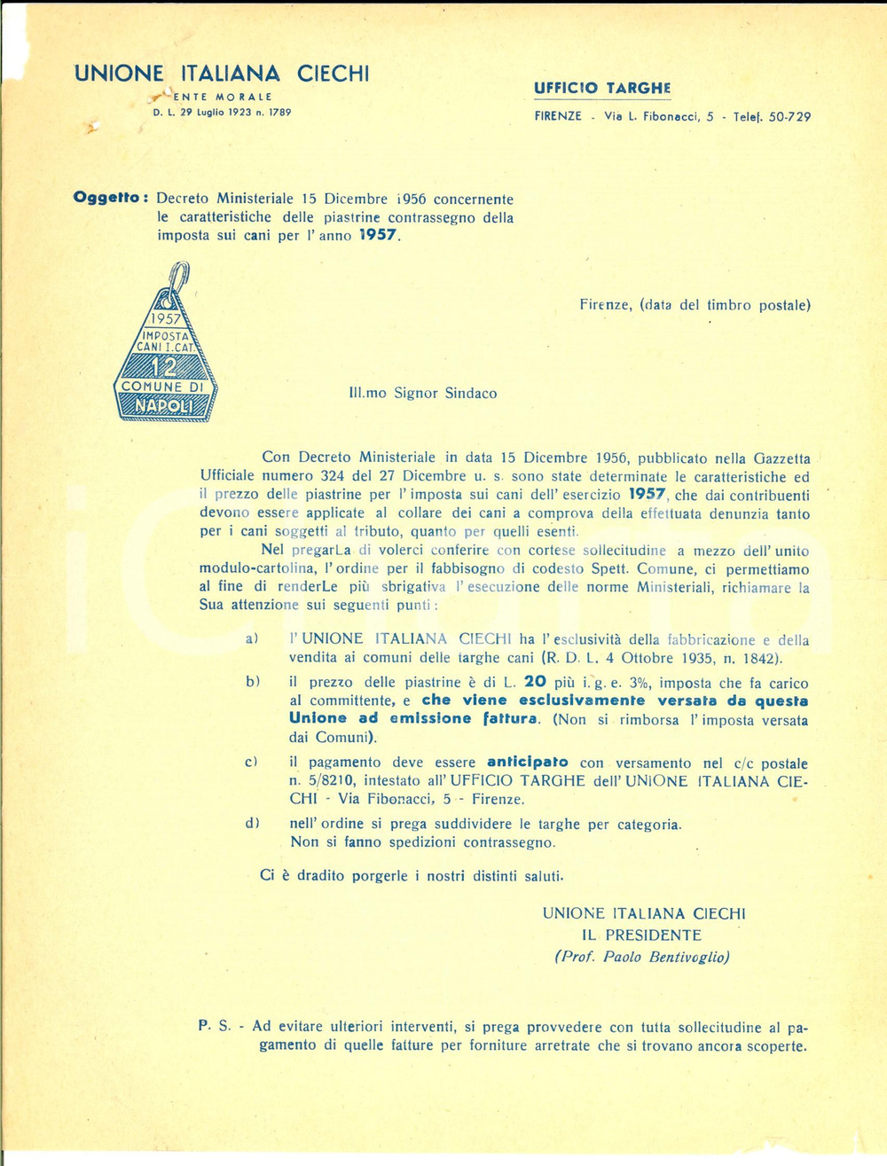 Manoscritto, lettera originale 1957 UNIONE ITALIANA CIECHI Nuove piastrine per i caniguida Lettera 1