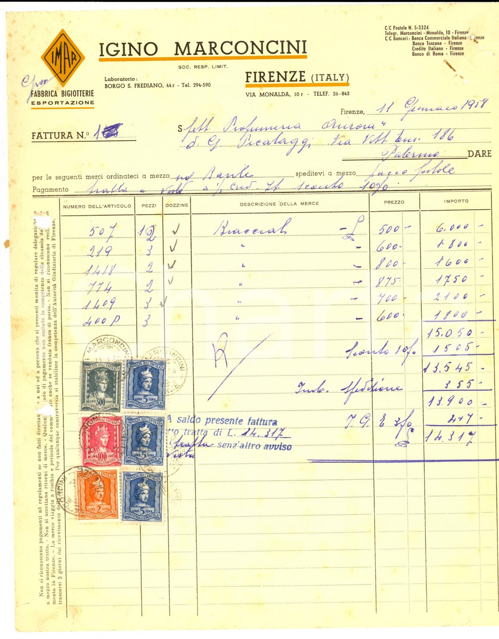 Documento originale, autentico 1958 FIRENZE Fabbrica Igino MARCONCINI Bigiotterie esportazione Fattura 1