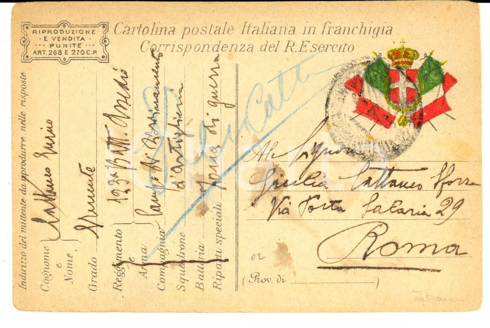 Documento originale, autentico 1918 ZONA DI GUERRA Nobile Enrico CATTANEO alla madre Giulia SFORZA Cartolina 1