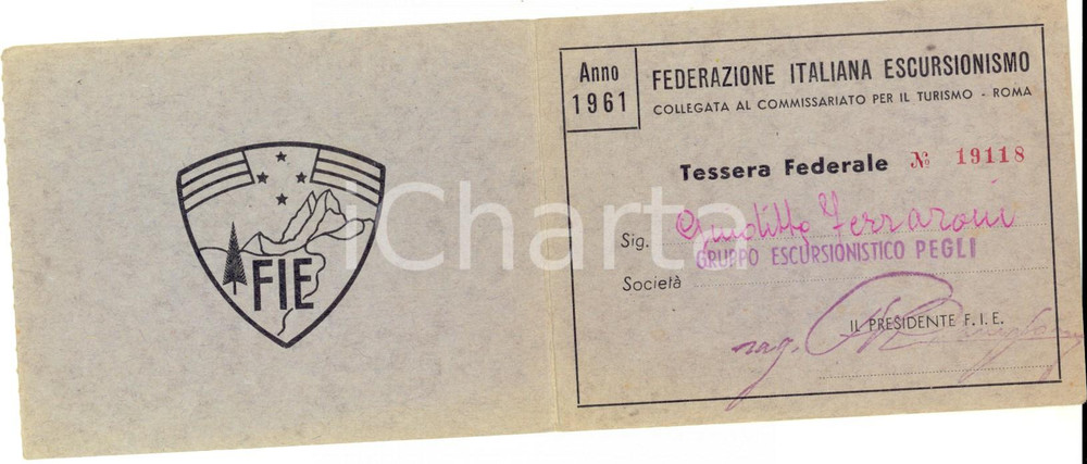 Oggetto da collezione cartaceo 1961 GENOVA PEGLI Tessera Federazione Italiana ESCURSIONISMO 1